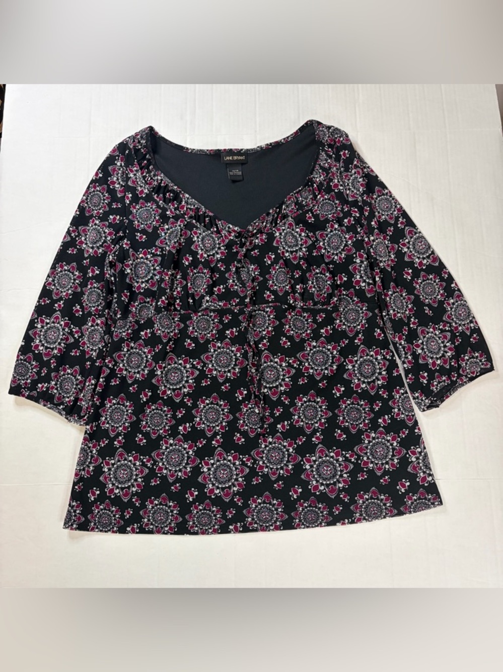 Lane Bryant Black Floral Medallion Tie-Neck Blouse with Pink Accents